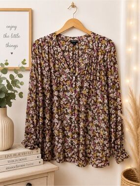 torrid Floral V-Neck Long-Sleeve Blouse - Purple, Olive, Cream